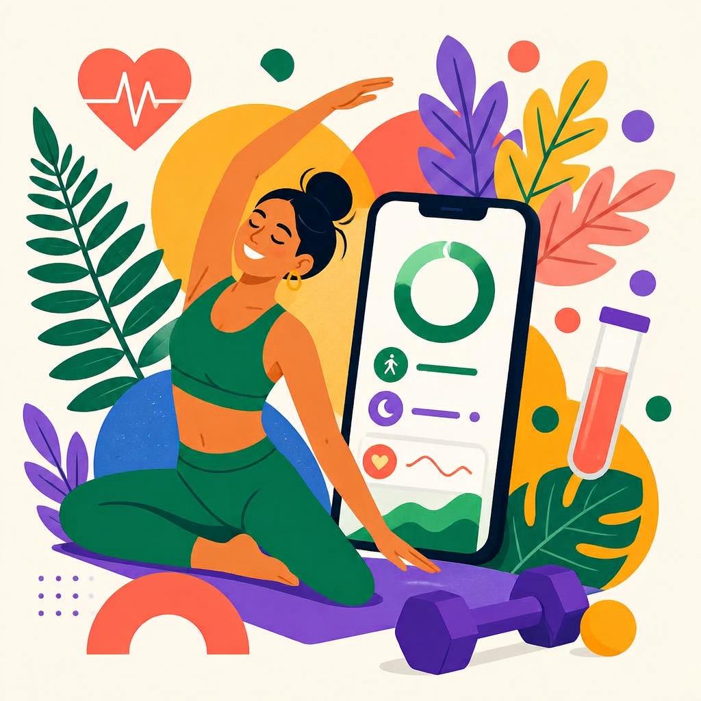 Colourful illustration of a person stretching beside a wellness app, tropical leaves, dumbbell and lab test